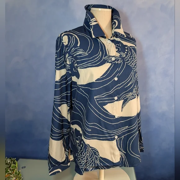 Asian Artist Inspired Navy and White Fish Print Blouse - Picture 1 of 6